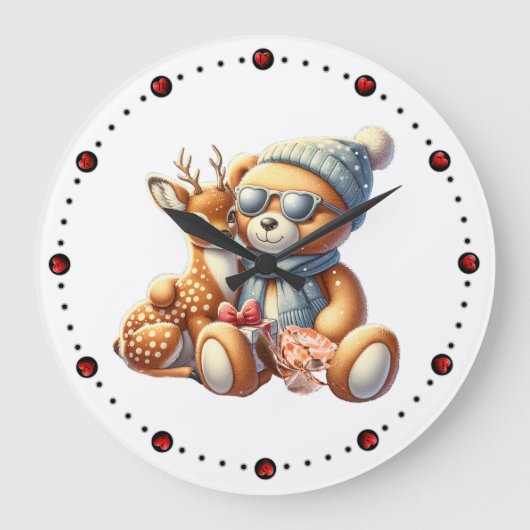 Little bear with fawn in arms winter Christmas Grote Klok (Voorkant)