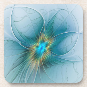Little Beauty Modern Blue Gold Fractal Art Flower Bier Onderzetter