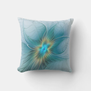 Little Beauty Modern Blue Gold Fractal Art Flower Buitenkussen