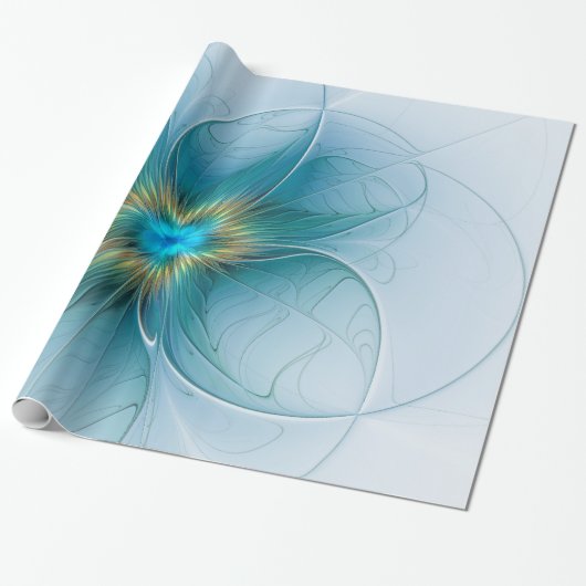 Little Beauty Modern Blue Gold Fractal Art Flower Cadeaupapier (Uitgerold)