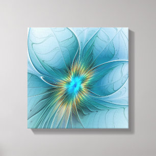 Little Beauty Modern Blue Gold Fractal Art Flower Canvas Afdruk