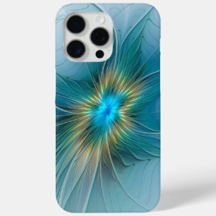 Little Beauty Modern Blue Gold Fractal Art Flower iPhone 15 Pro Max Hoesje
