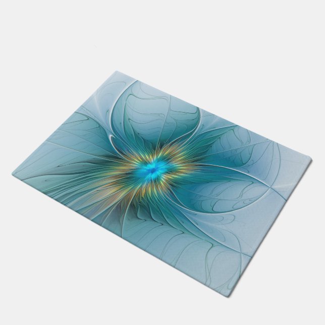 Little Beauty Modern Blue Gold Fractal Art Flower Deurmat (Schuin)