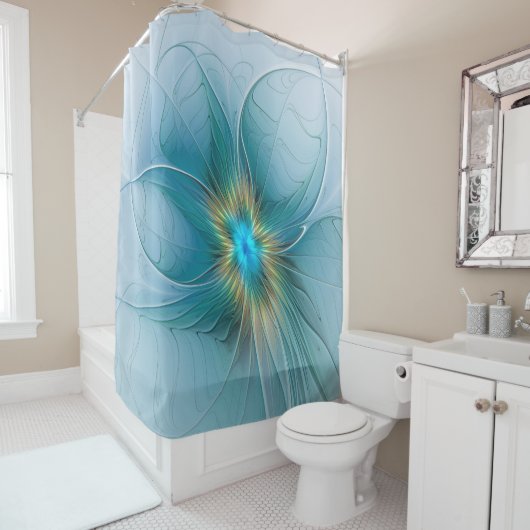 Little Beauty Modern Blue Gold Fractal Art Flower Douchegordijn (In situ)