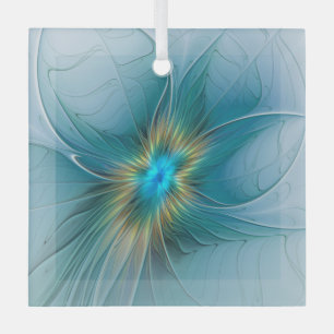 Little Beauty Modern Blue Gold Fractal Art Flower Glas Ornament