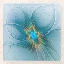 Little Beauty Modern Blue Gold Fractal Art Flower Glazen Onderzetter