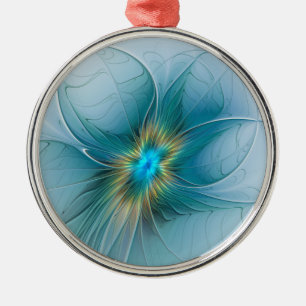 Little Beauty Modern Blue Gold Fractal Art Flower Metalen Ornament