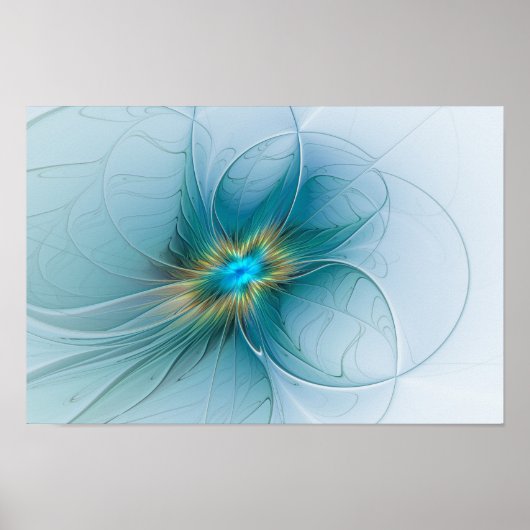 Little Beauty Modern Blue Gold Fractal Art Flower Poster (Voorkant)