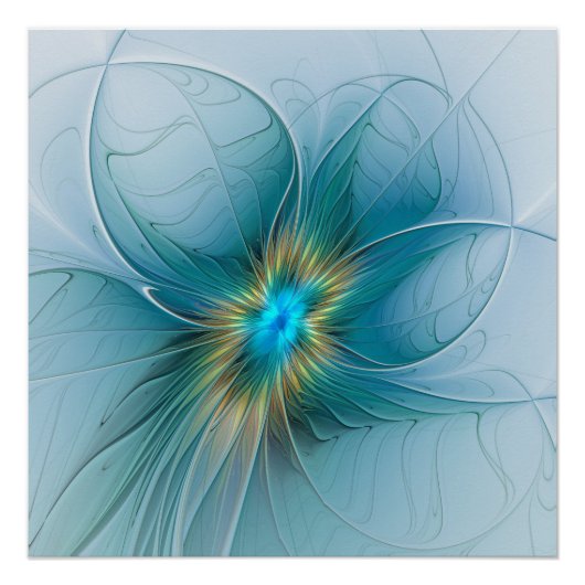 Little Beauty Modern Blue Gold Fractal Art Flower Poster (Voorkant)