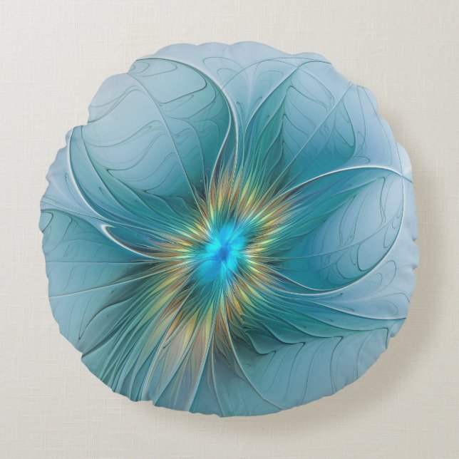 Little Beauty Modern Blue Gold Fractal Art Flower Rond Kussen (Voorkant)