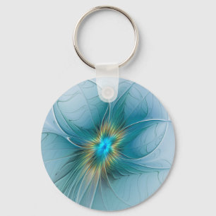 Little Beauty Modern Blue Gold Fractal Art Flower Sleutelhanger