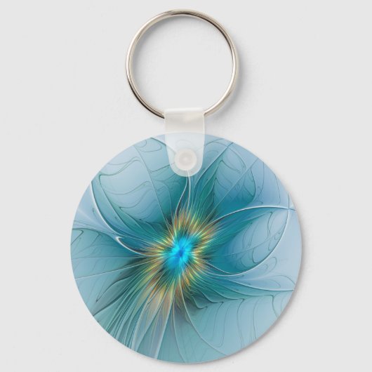 Little Beauty Modern Blue Gold Fractal Art Flower Sleutelhanger (Voorkant)