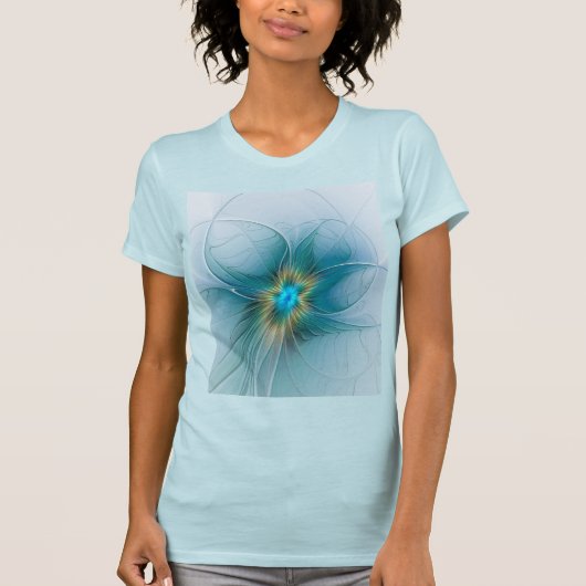 Little Beauty Modern Blue Gold Fractal Art Flower T-shirt (Voorkant)