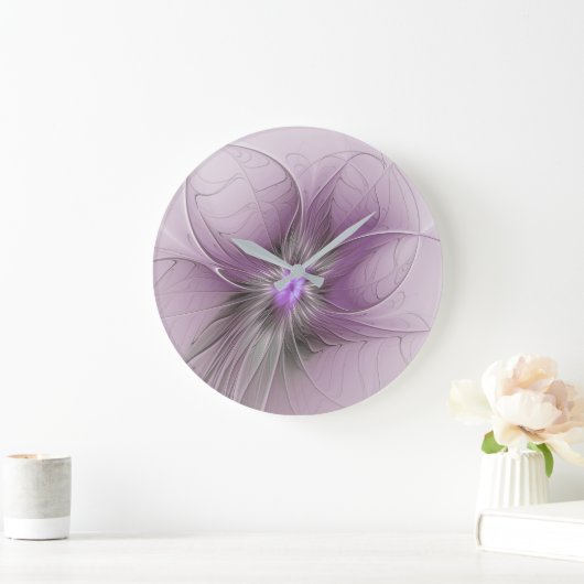 Little Beauty Modern Mauve Grijs Fractal Art Flowe Grote Klok (Huis)