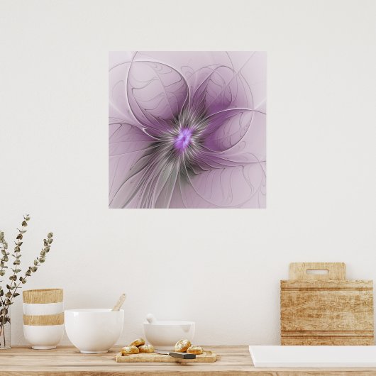 Little Beauty Modern Mauve Grijs Fractal Art Flowe Poster (Keuken)