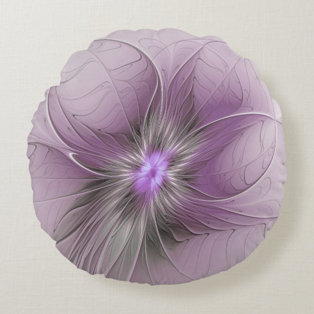 Little Beauty Modern Mauve Grijs Fractal Art Flowe Rond Kussen (Voorkant)