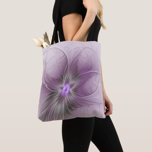 Little Beauty Modern Mauve Grijs Fractal Art Flowe Tote Bag (Dichtbij)