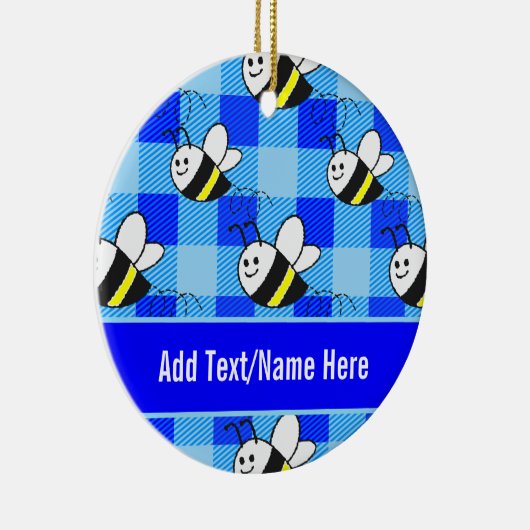 Little Bee Blue Plaid Pattern Aangepaste naam Keramisch Ornament (Rechts)