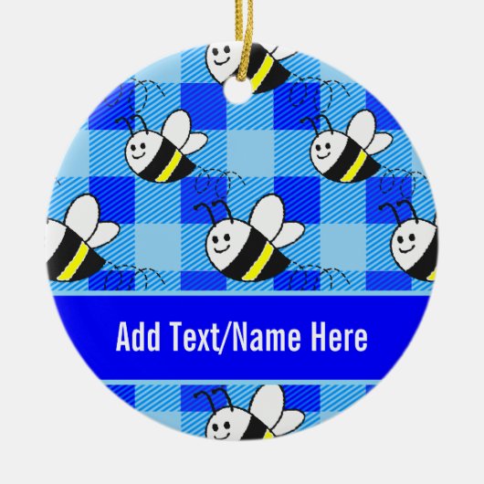 Little Bee Blue Plaid Pattern Aangepaste naam Keramisch Ornament (Voorkant)