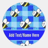 Little Bee Blue Plaid Pattern Aangepaste naam Ronde Sticker (Voorkant)