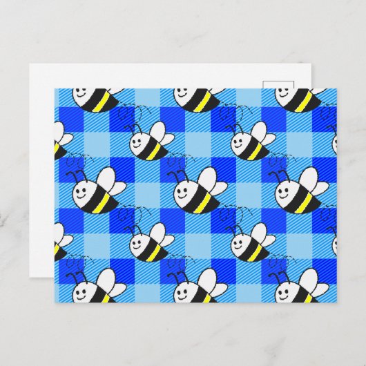 Little Bee Blue Plaid Pattern Custom Briefkaart (Voorkant / Achterkant)
