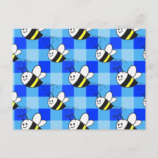 Little Bee Blue Plaid Pattern Custom Briefkaart (Voorkant)
