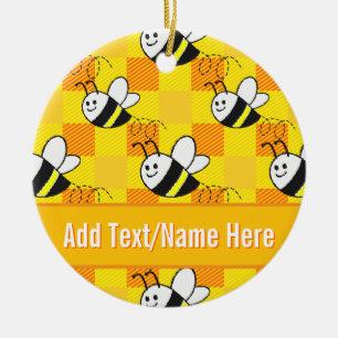 Little Bee Yellow en Sinaasappel Plaid Custom Name Keramisch Ornament