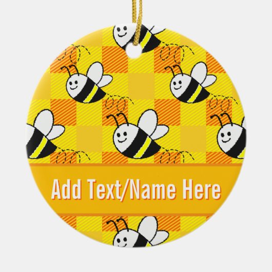 Little Bee Yellow en Sinaasappel Plaid Custom Name Keramisch Ornament (Voorkant)