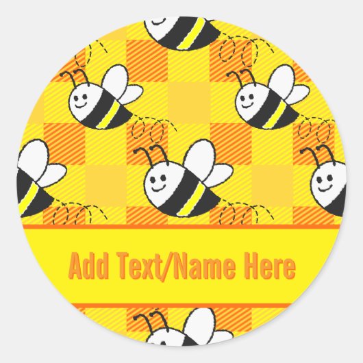 Little Bee Yellow en Sinaasappel Plaid Custom Name Ronde Sticker (Voorkant)