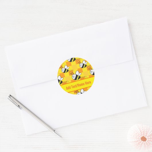 Little Bee Yellow en Sinaasappel Plaid Custom Name Ronde Sticker (Envelop)