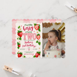 Little Berry Is One Strawberry 2nd Verjaardag Foto Kaart
