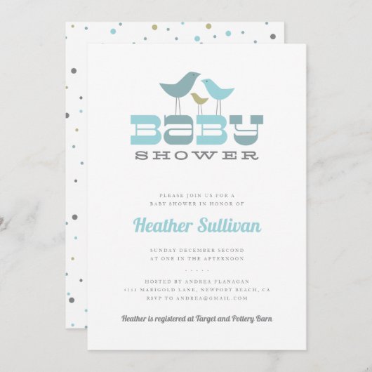 Little Bird Baby shower Invitation - Blue Kaart (Voorkant / Achterkant)
