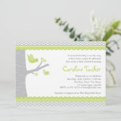 Little Bird Baby shower Invitation, Green and Grey Kaart (Staand voorkant)