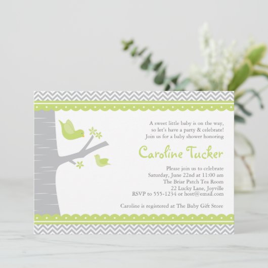 Little Bird Baby shower Invitation, Green and Grey Kaart (Staand voorkant)
