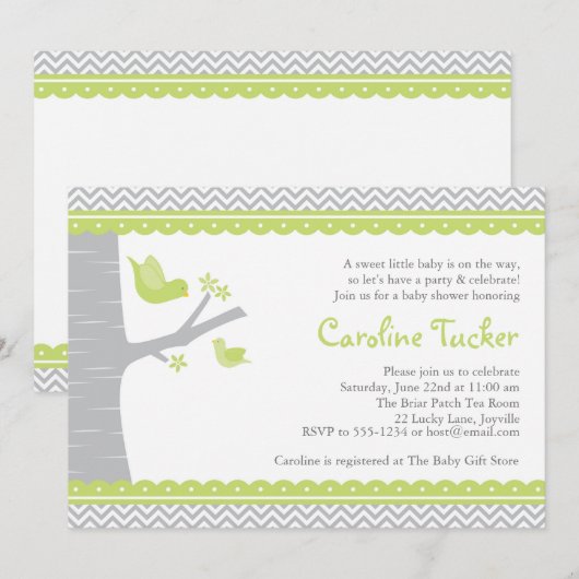 Little Bird Baby shower Invitation, Green and Grey Kaart (Voorkant / Achterkant)