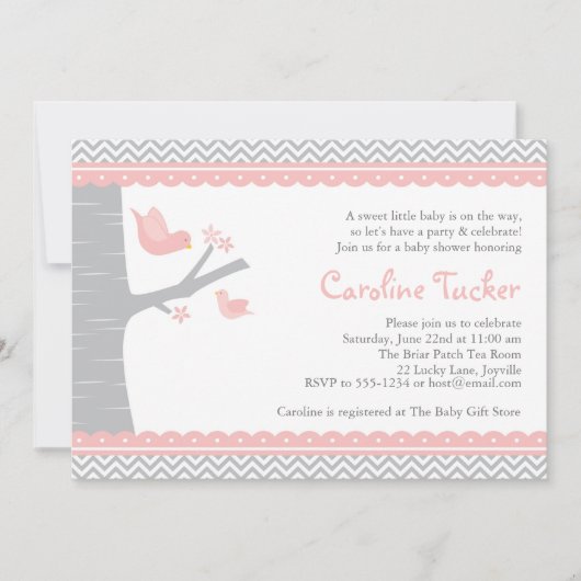 Little Bird Baby shower Invitation - Pink and Grey Kaart (Voorkant)