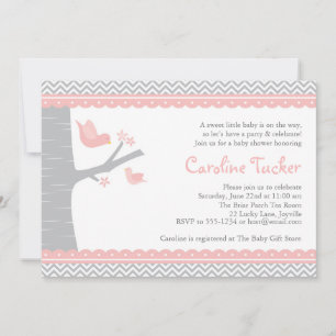 Little Bird Baby shower Invitation - Pink and Grey Kaart