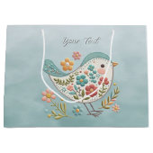 Little Bird Blauw Roze Bloemen Gift Bag Groot Cadeauzakje (Voorkant)
