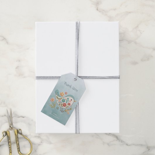 Little Bird Blauw Roze Bloemen Gift Label Cadeaulabel (Met Touw)