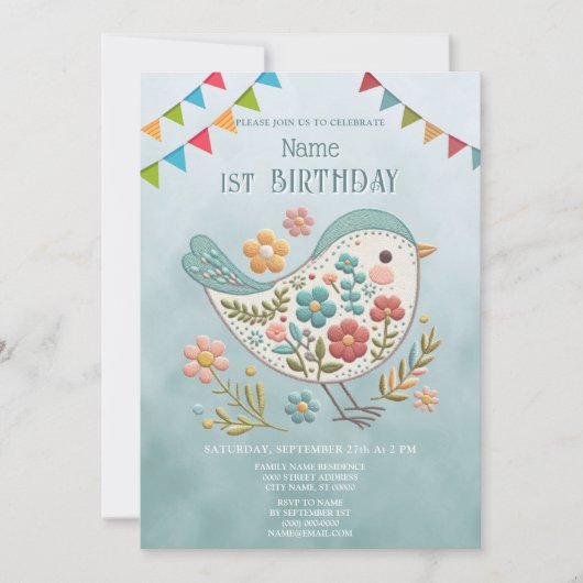 Little Bird Blauw Roze Bloemen Verjaardagsfeest Kaart (Voorkant)