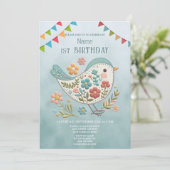 Little Bird Blauw Roze Bloemen Verjaardagsfeest Kaart (Staand voorkant)