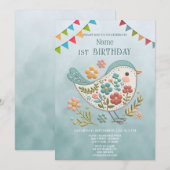 Little Bird Blauw Roze Bloemen Verjaardagsfeest Kaart (Voorkant / Achterkant)