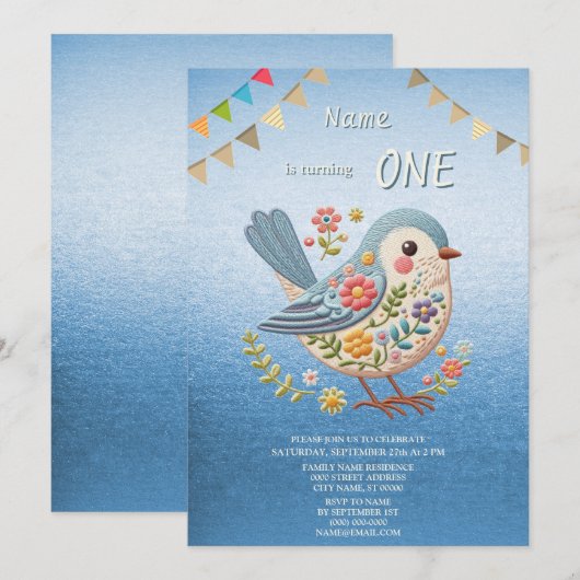 Little Bird Bloemen Blauw Verjaardag Party Uitnodi Kaart (Voorkant / Achterkant)