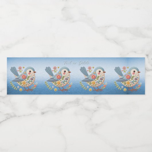 Little Bird Bloemen Borduurwerk Blauw Waterfles Etiket (Enkel label)