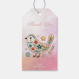 Little Bird Bloemen Borduurwerk Roze Gift Label Cadeaulabel