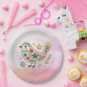 Little Bird Bloemen Borduurwerk Roze Papier Bord (Feest)