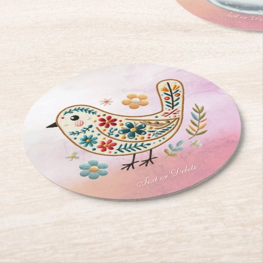 Little Bird Bloemen Borduurwerk Roze Papier Onderz Ronde Kartonnen Onderzetter (Gebogen)