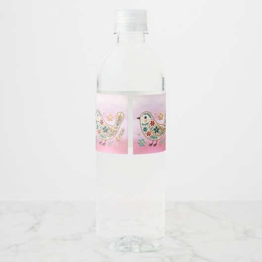 Little Bird Bloemen Borduurwerk Roze Waterfles Etiket (Achterkant)