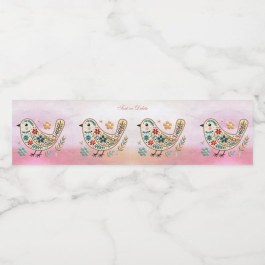 Little Bird Bloemen Borduurwerk Roze Waterfles Etiket (Enkel label)