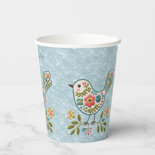 Little Bird Bloemen Groen Bladeren Papieren Kopjes Papieren Bekers (Achterkant)